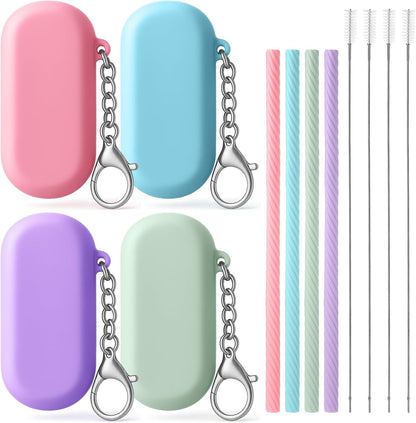 4 Set Portable Straw,Reusable Straws Silicone with Case Silicone Portable Drinking travel Straw Set for Party Travel Cold or Hot with 4 Cleaning Brushes (Purple,Pink,Green, Blue）