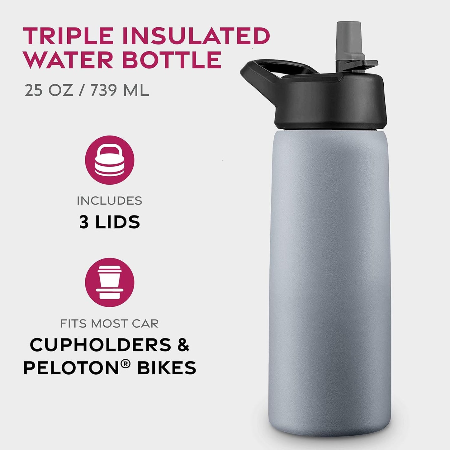 FineDine Water Bottle - Stainless Steel Insulated Water Bottle with Straw Lid, Flip Lid & Wide-Mouth Cap - Keeps Hot and Cold - 25 Oz / 739ml - Dreamy Purple