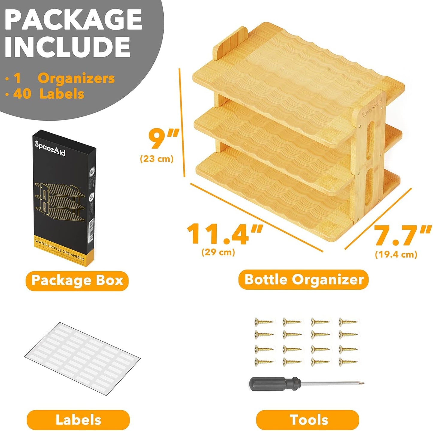 SpaceAid Bamboo Water Bottle Organizer with Labels, Kitchen Pantry Water Bottle Storage Rack for Cabinets, Home Cup and Wine Bottle Holder Shelf Organizers, (3-Tier, Hold 9 Bottles)