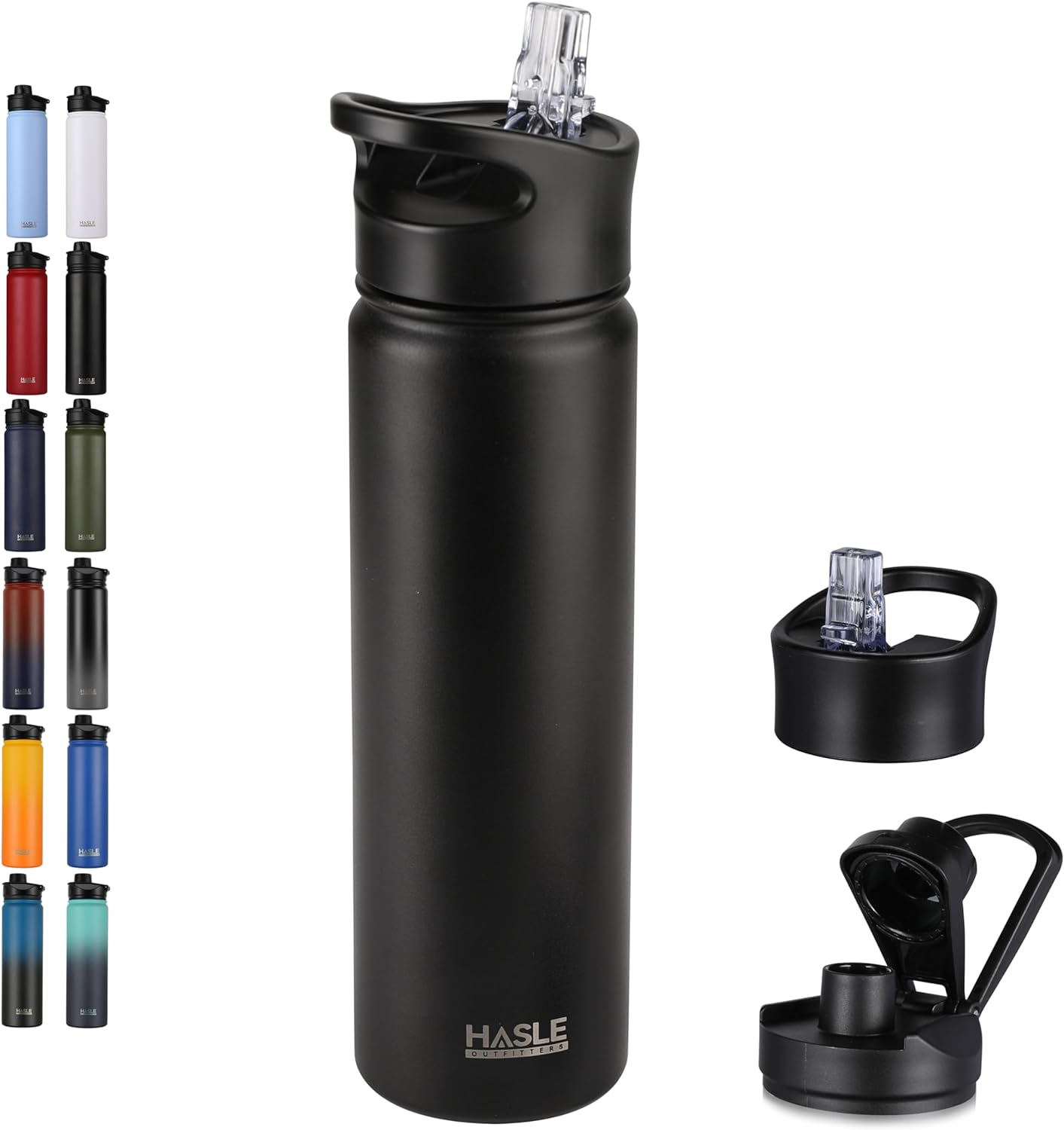 HASLE OUTFITTERS 32 oz Insulated Water Bottle Stainless Steel Double Walled Vacuum Sports Water Bottle with 2 Lids (Straw and Spout Lid) for Gym Camping Hiking(Black,1)