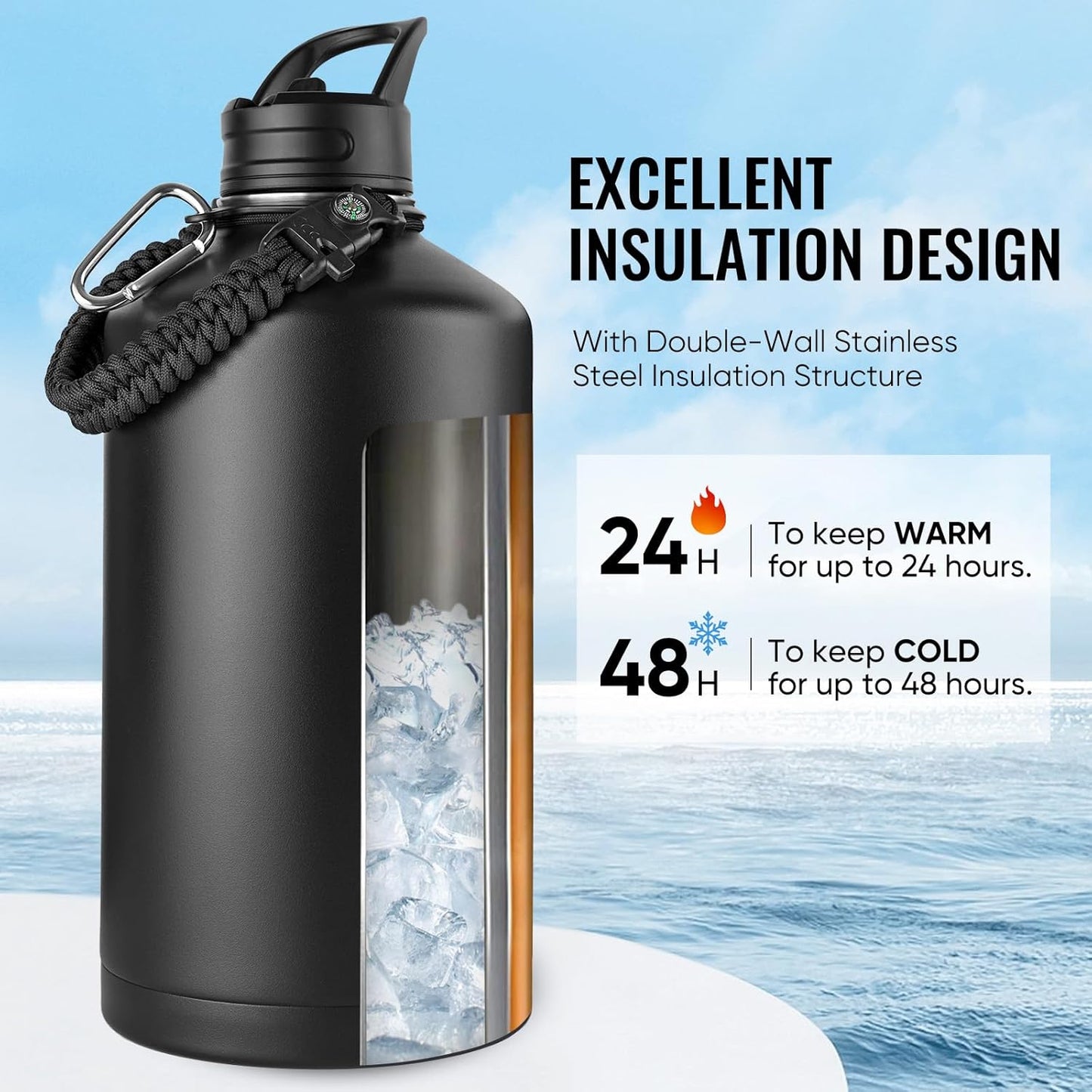 Fijinhom 24 oz Insulated Water Bottle with Handle, 304 Stainless Steel Water Bottles with Wide Mouth, Double Wall Vacuum Sports Water Bottle, BPA Free, Keep Cold and Hot, Black | with Handle