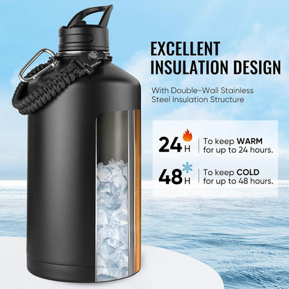 Fijinhom 24 oz Insulated Water Bottle with Handle, 304 Stainless Steel Water Bottles with Wide Mouth, Double Wall Vacuum Sports Water Bottle, BPA Free, Keep Cold and Hot, Black | with Handle