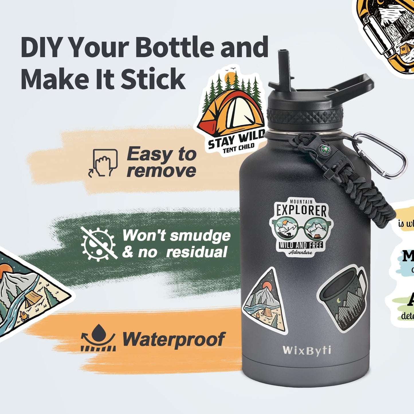WixByti 40 oz Insulated Water Bottle with Straw (Cold for 36 Hrs), Stainless Steel Triple Wall Vacuum Sports Water Jug, Leakproof Hydro Cup Flask with Paracord Handle & Straw Spout Lids & DIY Stickers
