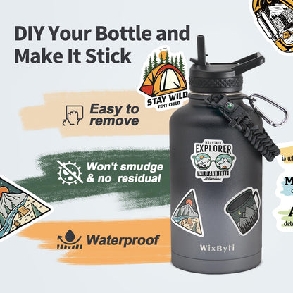 WixByti 40 oz Insulated Water Bottle with Straw (Cold for 36 Hrs), Stainless Steel Triple Wall Vacuum Sports Water Jug, Leakproof Hydro Cup Flask with Paracord Handle & Straw Spout Lids & DIY Stickers