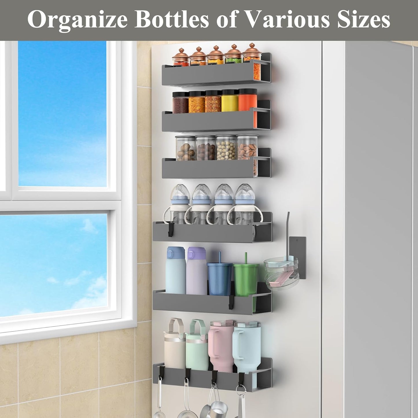 HuggieGems Magnetic Water Bottle Holder for Refrigerator, Cup Holder Organizer for Stanley and Tumbler for Kitchen, 4 Pack, Black