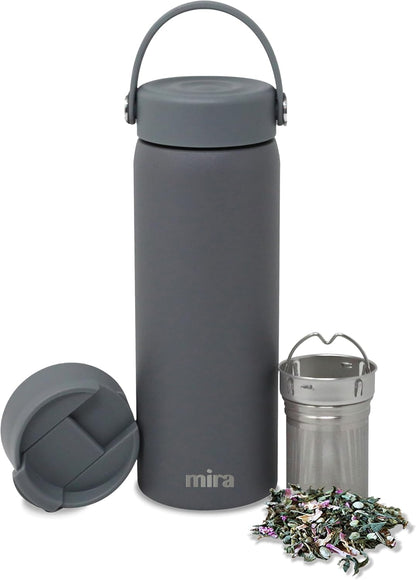 MIRA 18 oz Tea Infuser Thermo - Stainless Steel Travel Bottle with Removable Strainer for Loose Leaf Tea - Insulated Hot & Cold Brew Steeper - White