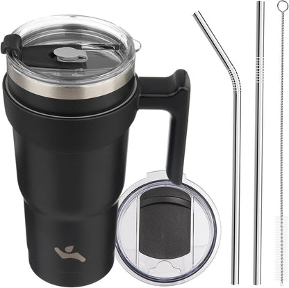 Konokyo 20 oz Tumbler with Handle and 2 Straw 2 Lid, Insulated Water Bottle Stainless Steel Vacuum Cup Reusable Travel Mug,Black