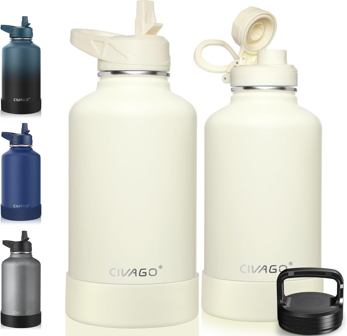 CIVAGO 32 oz Insulated Water Bottle With Straw, Stainless Steel Sports Water Cup Flask with 3 Lids (Straw, Spout and Handle Lid), Wide Mouth Travel Thermal Mug, Black