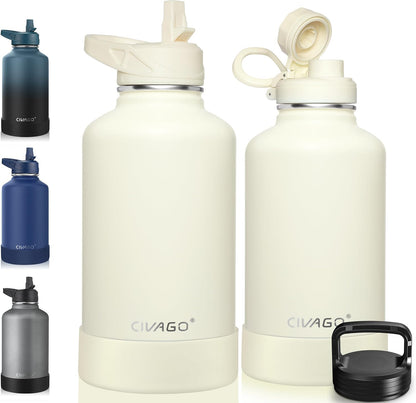 CIVAGO 32 oz Insulated Water Bottle With Straw, Stainless Steel Sports Water Cup Flask with 3 Lids (Straw, Spout and Handle Lid), Wide Mouth Travel Thermal Mug, Black