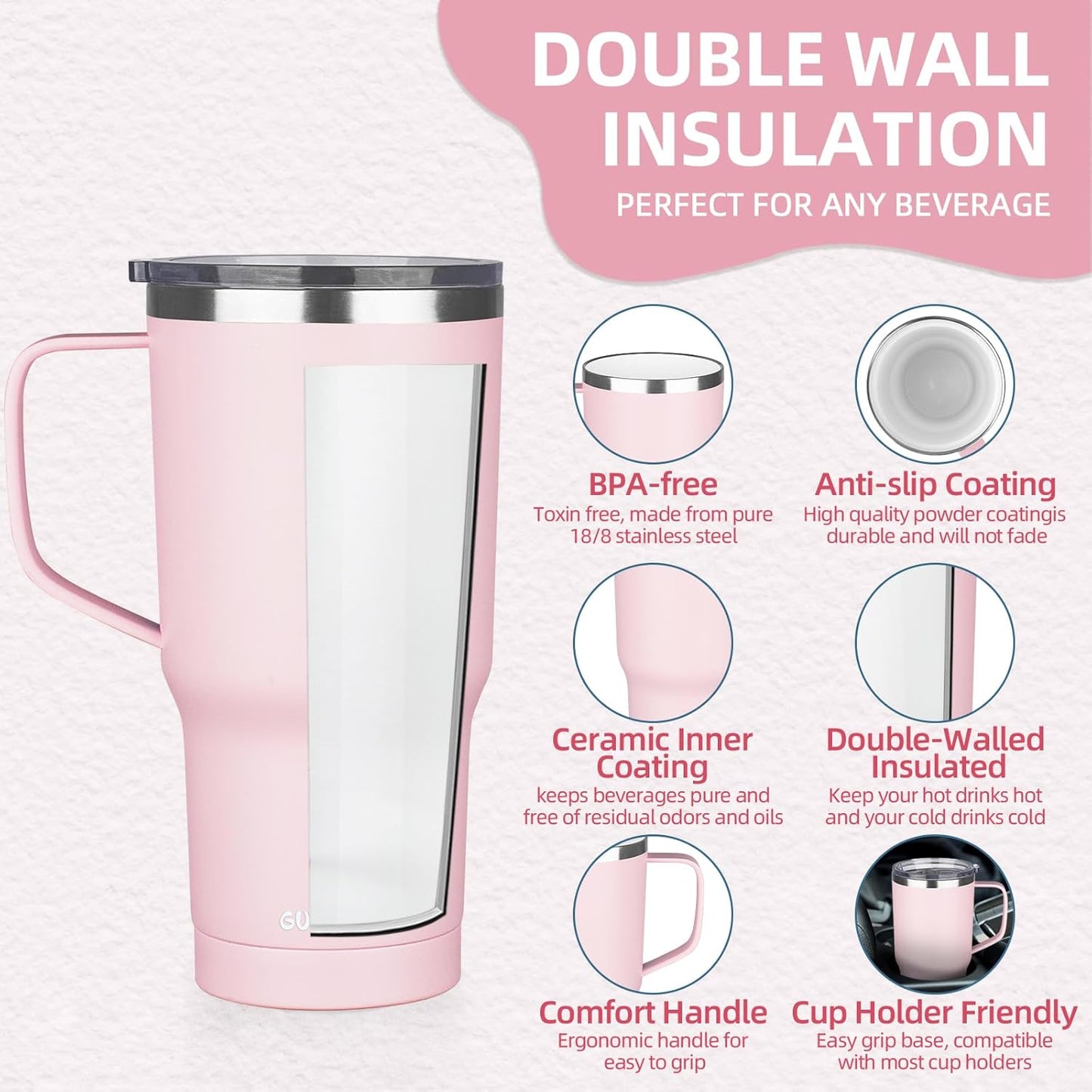 20 oz Insulated Coffee Mug with Ceramic Coating, Stainless Steel Travel Mug Tumbler with Handle Lid and Straw, Double Wall Leak-Proof Coffee Travel Mug Keeps Drink Hot and Cold (Black)
