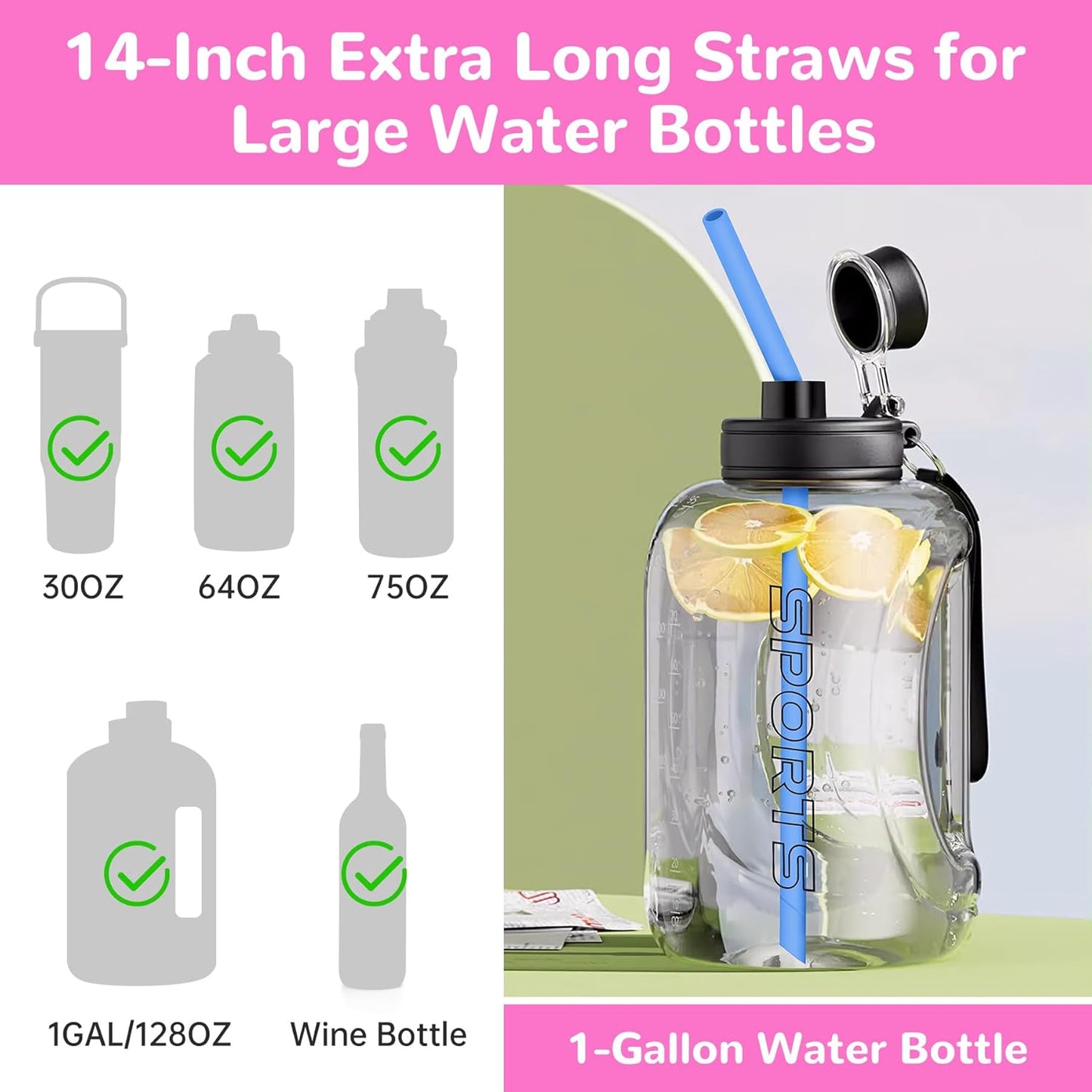 NiHome 14PCS Silicone Straws Fit for Stanley 40oz 30oz Tumbler, 14” Extra Long Reusable Drinking Straw, Flexible Can Cut Length for 1/Half Gallon 75 64 OZ Large Water Bottle - 2 Brushes (Rainbow)