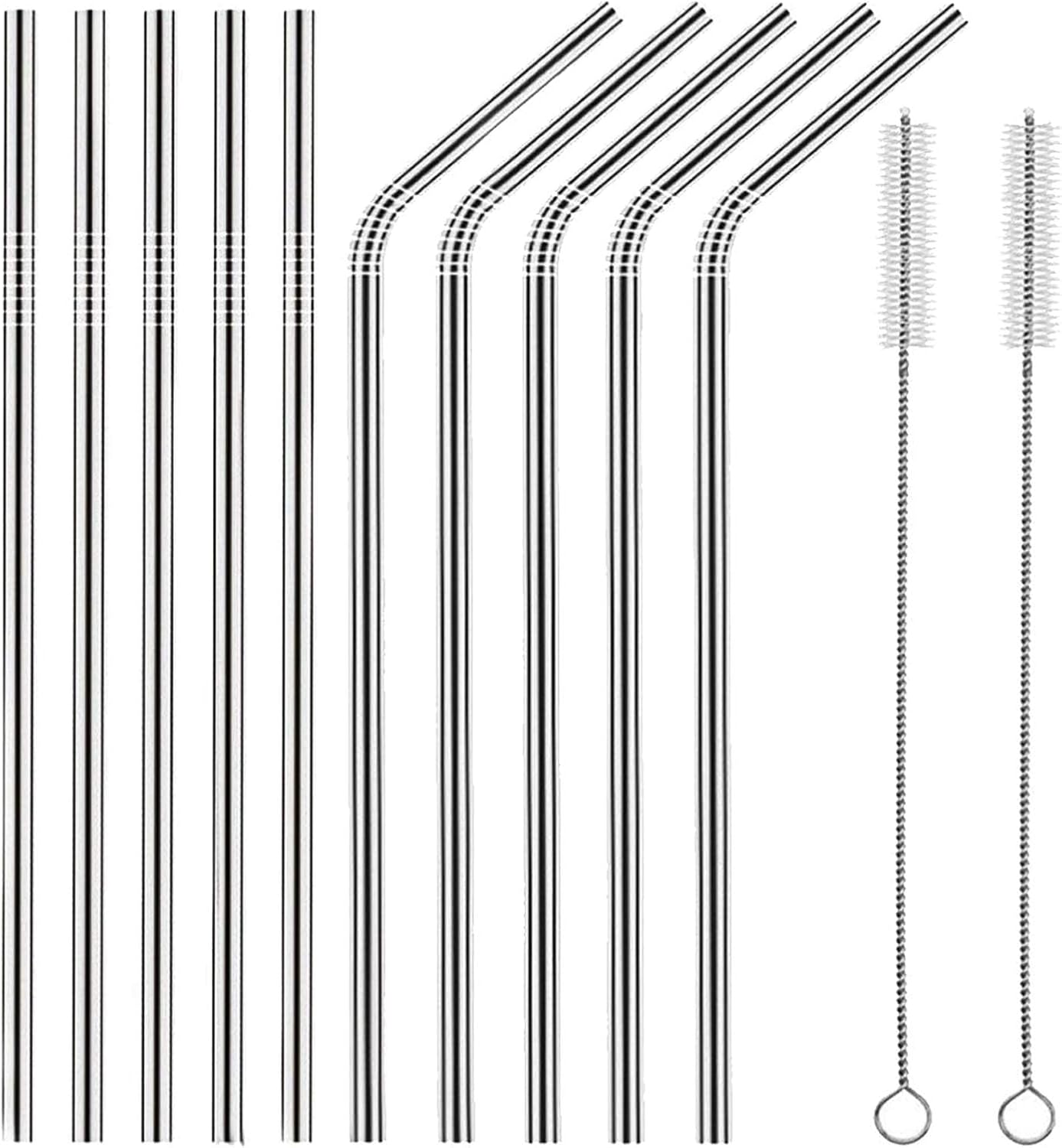Set of 10 Stainless Steel Straws, HuaQi Straight Reusable Drinking Straws 10.5'' Long 0.24‘’ Dia for 30 oz Tumbler and 20 oz Tumbler, 2 Cleaning Brush Included (10 Straight Straw + 2 Brushes）