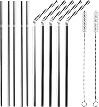 Set of 10 Stainless Steel Straws, HuaQi Straight Reusable Drinking Straws 10.5'' Long 0.24‘’ Dia for 30 oz Tumbler and 20 oz Tumbler, 2 Cleaning Brush Included (10 Straight Straw + 2 Brushes）