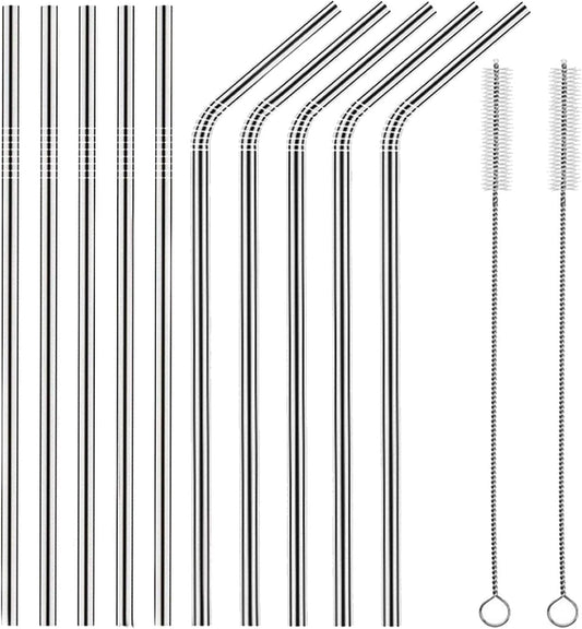 Set of 10 Stainless Steel Straws, HuaQi Straight Reusable Drinking Straws 10.5'' Long 0.24‘’ Dia for 30 oz Tumbler and 20 oz Tumbler, 2 Cleaning Brush Included (10 Straight Straw + 2 Brushes）