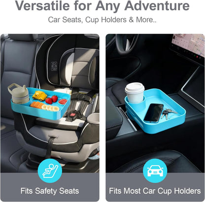 Car Seat Snack Tray for Toddlers - 3 Inch Cup Holder Fits Most Sippy Cups & Straw Bottles with Dip Well, Mess-Free Square Kids Travel Tray Road Trip Essentials, Black