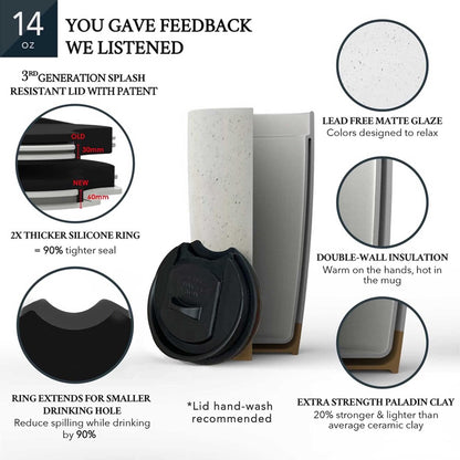 Mora Double Wall Ceramic Coffee Travel Mug with Lid, 14 oz, Portable, Microwave, Dishwasher Safe, Insulated Reusable Tall Cup, Splash Resistant Lid - To Go Tumbler for Car Cup Holder, Nightwaves