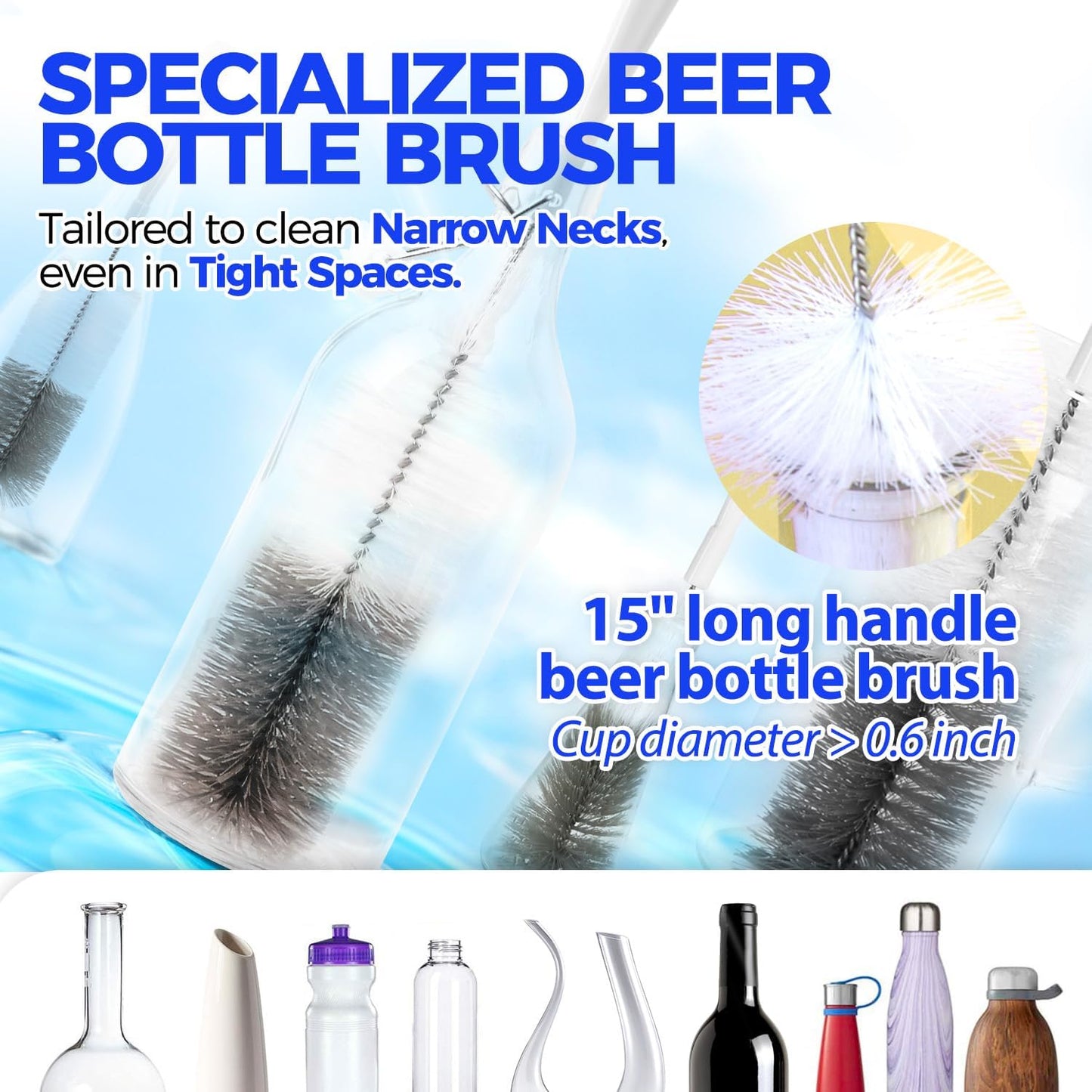 Holikme 10 Pack Bottle Brush Cleaner Set, 15" Long Handle Bottle Cleaner Brush, Flexible Long Handle Water Bottle Brush for Narrow Neck Beer Wine, 8 Straws, Abrasive Spiral Brushes, White Grey