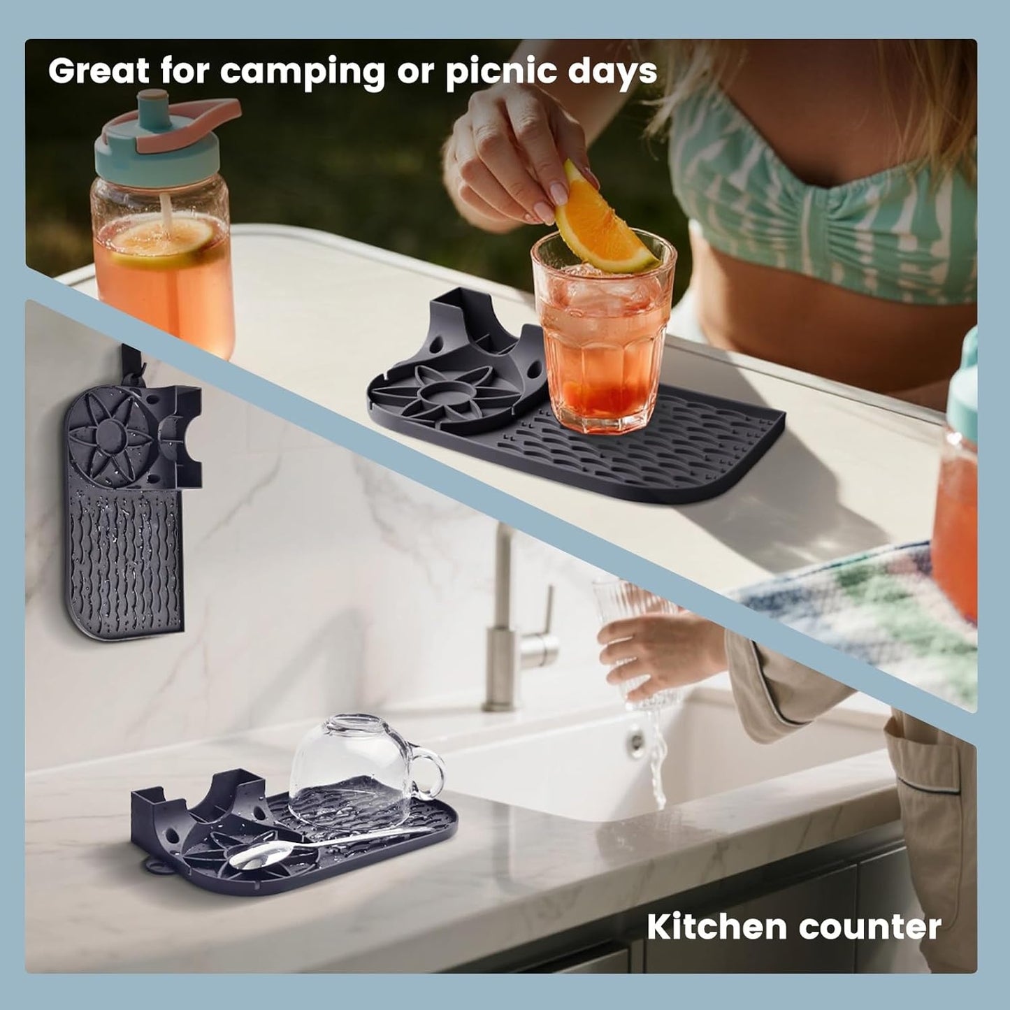 Bottle Drying Rack for Stanley,Water Bottle Drain Pad for Owala Thermos Cups ，Space Saving Drainer Stand Mat ，Silicone Kitchen Counter Racks， Small Tumbler Drainer (1p Gray)