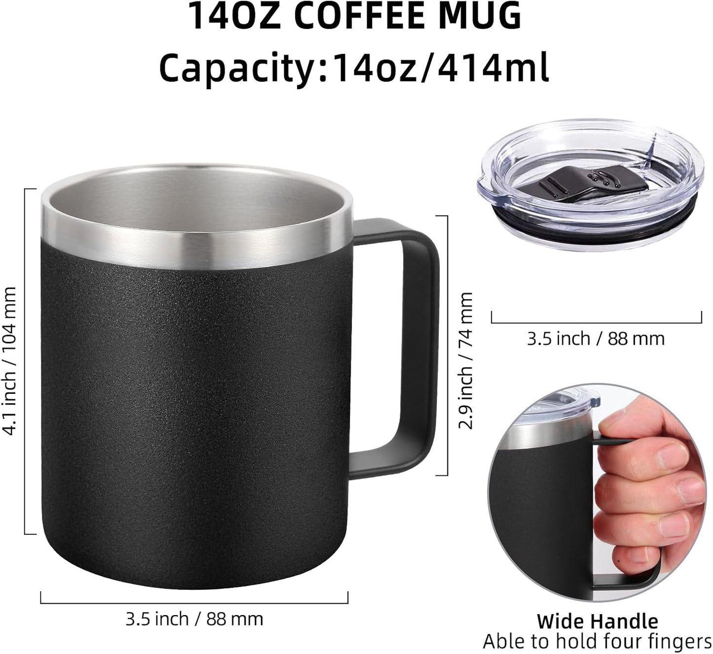 Volhoply 14oz Insulated Stainless Steel Coffee Mug with Lid Bulk 4 Pack,Double Wall Vacuum Travel Coffee Cup with Handle,Reusable Metal Cups Tumbler Cup,Camping Mugs,Ideal Gifts(Mix,4)