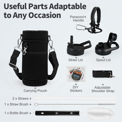 WixByti 40 oz Insulated Water Bottle with Straw (Cold for 36 Hrs), Stainless Steel Triple Wall Vacuum Sports Water Jug, Leakproof Hydro Cup Flask with Paracord Handle & Straw Spout Lids & DIY Stickers
