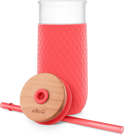 Ello Devon Glass Tumbler , Protective No Sweat Silicone Sleeve and Splash Proof Wooden Detail Lid with Straw, 18 oz