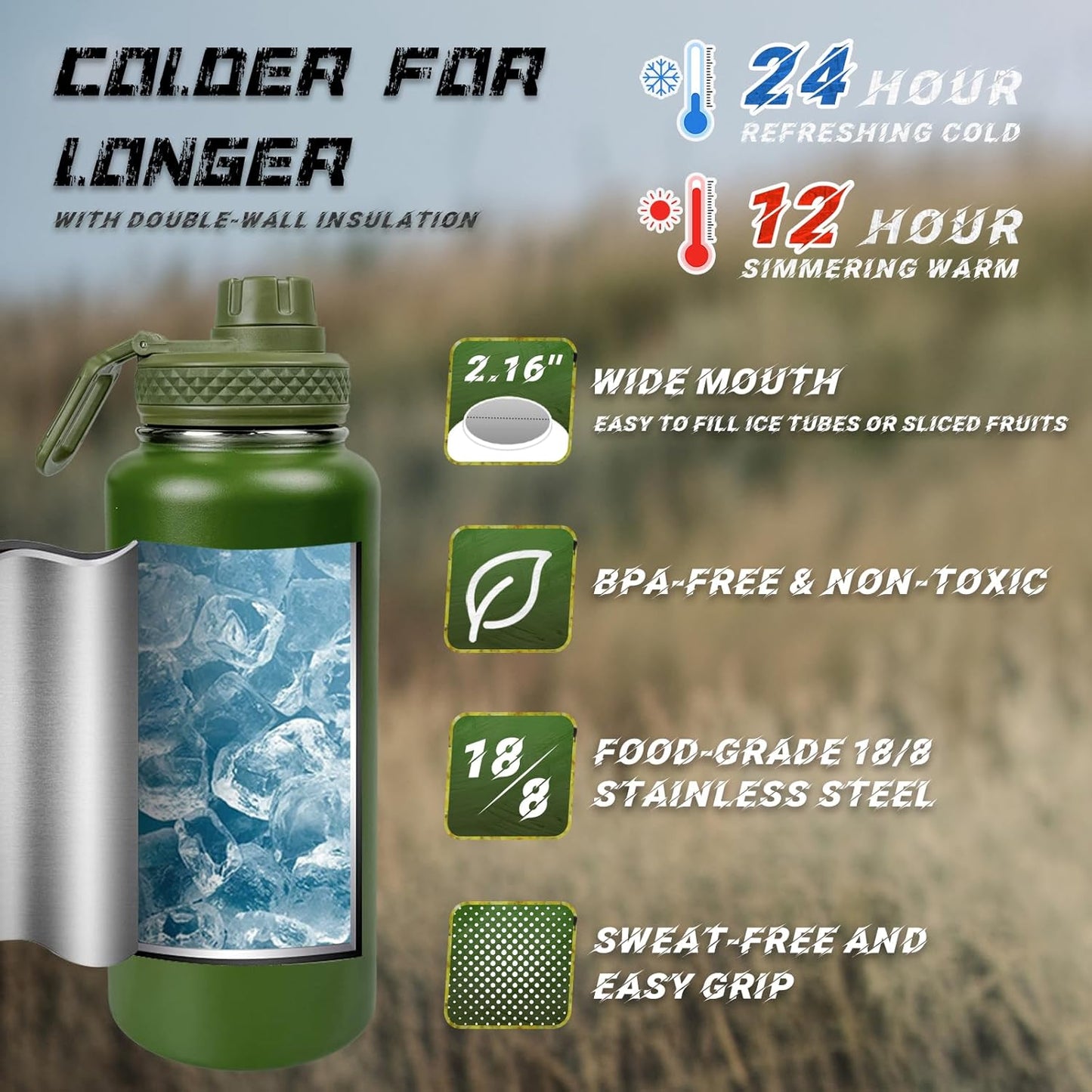32 oz Insulated Water Bottle with Sleeve - Tactical Stainless Steel Gym Water Bottles for Men, Sports Water Bottle for Hiking Camping Outdoor with Camo Pouch