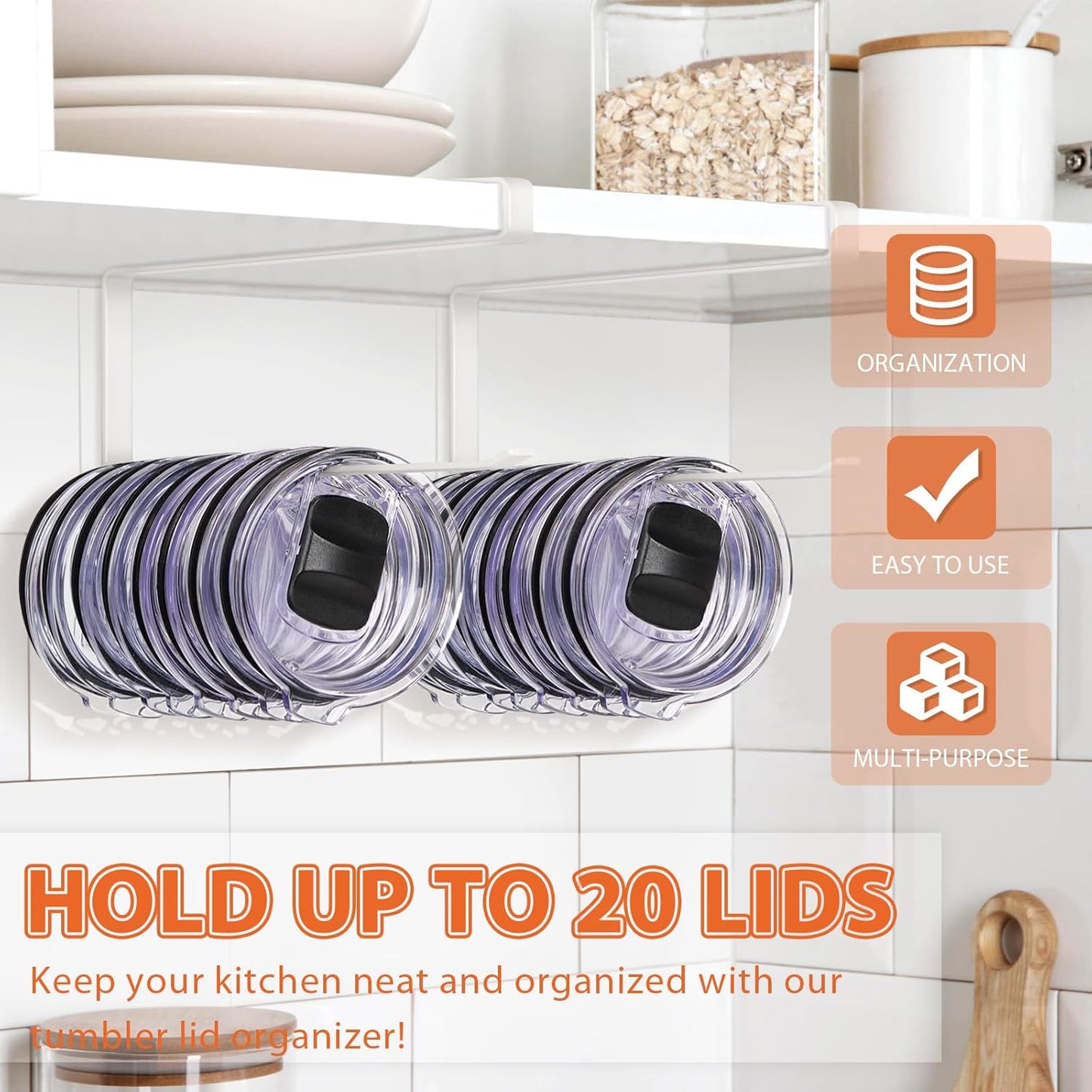 Tumbler Lid Organizer, Horizontal Tumbler Lid Storage Hook Up to 10 Lids, Space Saving Cup Lid Holders Under Cabinet Tumbler Lid Hook for Kitchen Organizer and Storage,Hanging Paper Towel Rack Hanger