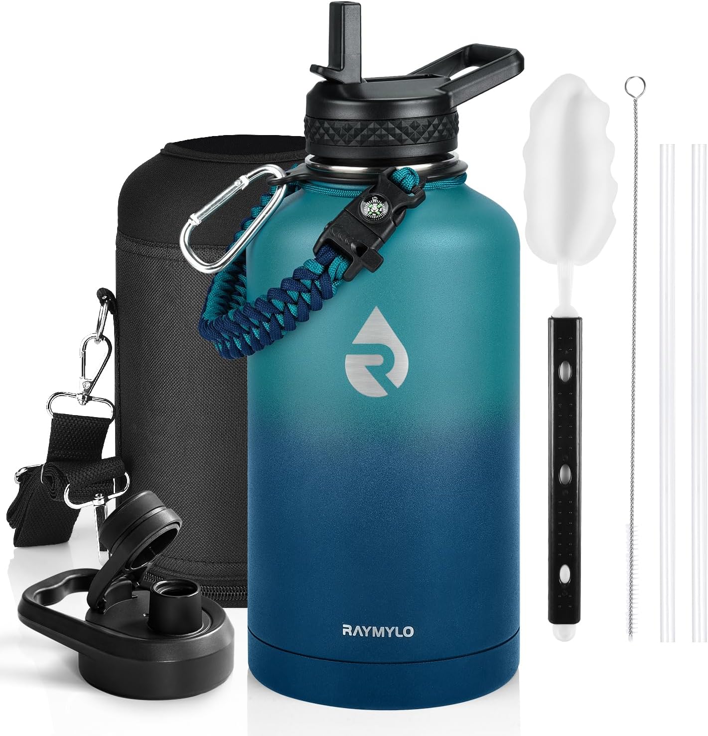 RAYMYLO One Gallon Water Bottle Insulated, Triple Walled Vacuum Stainless Steel (Cold for 48 Hrs), Leak Proof & Non-BPA, Large Water Flask Jug with Paracord Handle & Straw Spout Lids