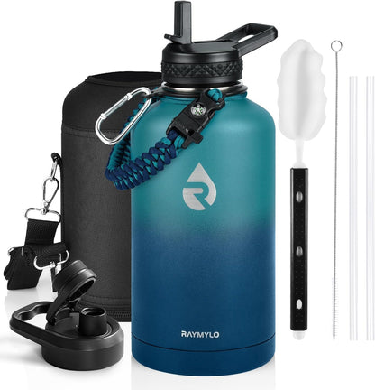 RAYMYLO One Gallon Water Bottle Insulated, Triple Walled Vacuum Stainless Steel (Cold for 48 Hrs), Leak Proof & Non-BPA, Large Water Flask Jug with Paracord Handle & Straw Spout Lids