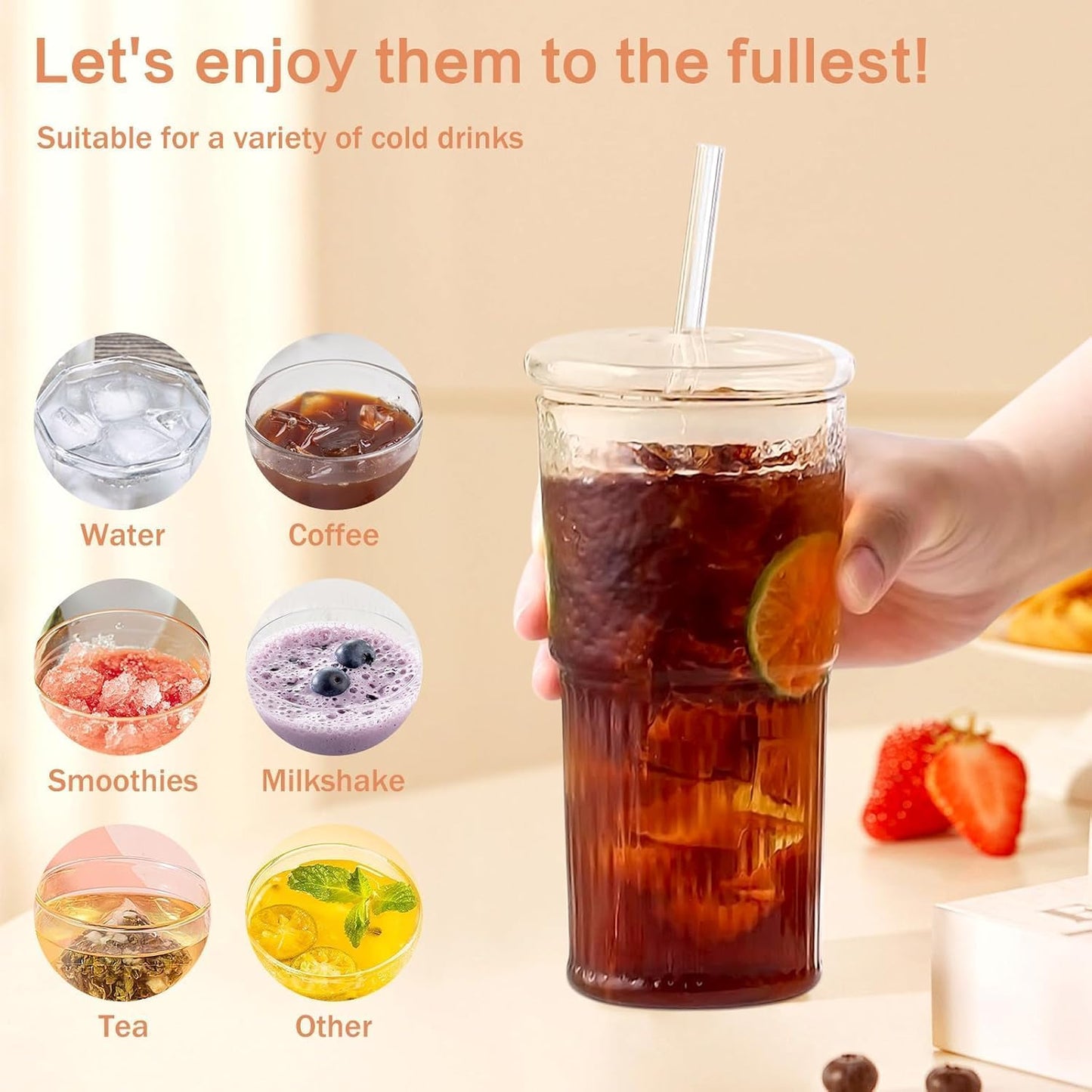 20 OZ Iced Coffee Cup With Glass Lids and Straws,High Borosilicate Glass Tumbler Cup Reusable Wide Mouth Smoothie Cups(Clear,1cup)…