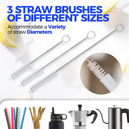 Holikme 6 Pack Bottle Brush Set, 14" Long Handle Stainless Steel Bottle Cleaner Brush, 3 Straw Brushes, 4-in-1 Bottle Cleaning Brush for Water Bottle, Antistatic Lab Brushes Straws, Black