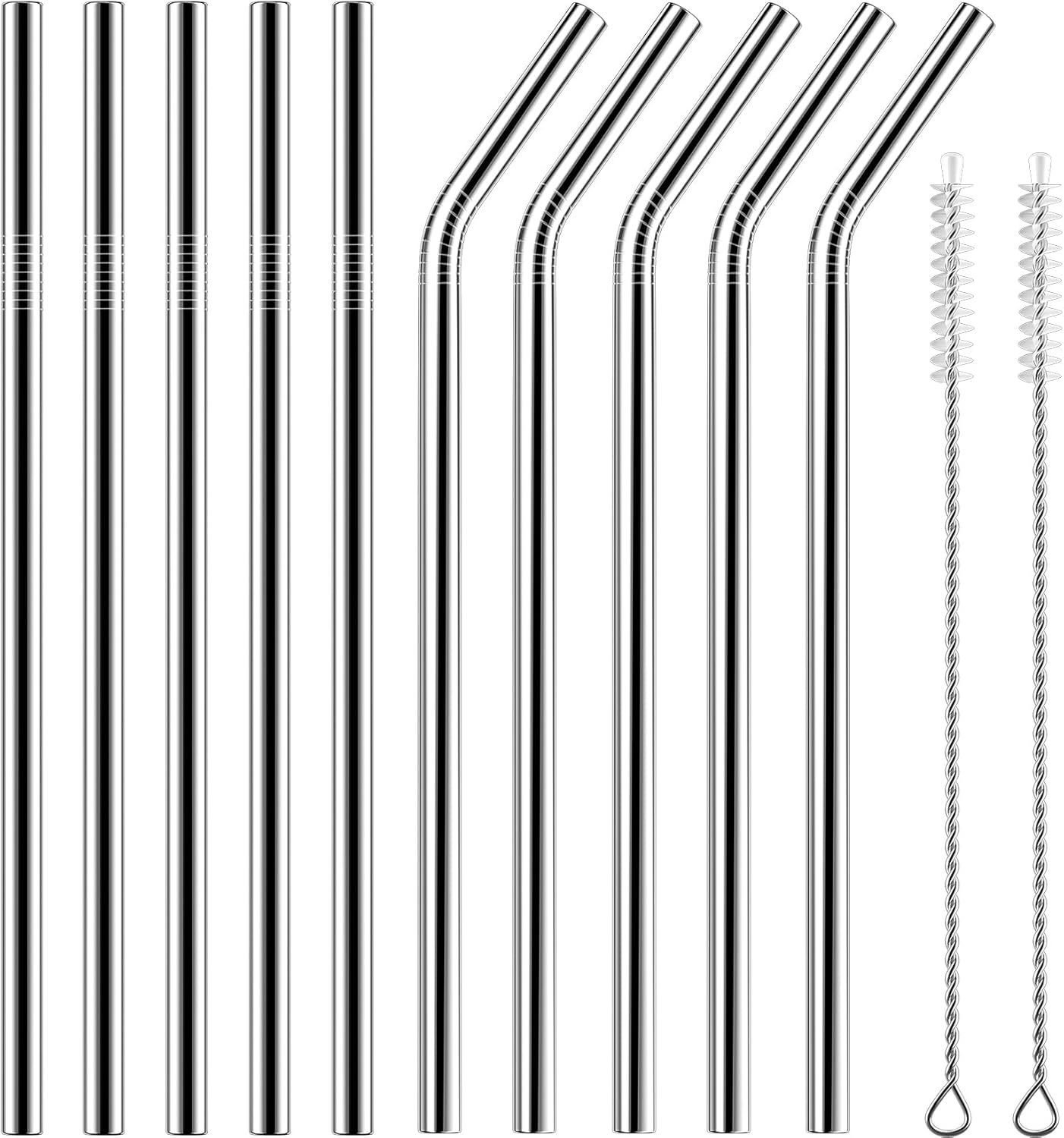 Set of 10 Stainless Steel Straws, HuaQi Straight Reusable Drinking Straws 10.5'' Long 0.24‘’ Dia for 30 oz Tumbler and 20 oz Tumbler, 2 Cleaning Brush Included (10 Straight Straw + 2 Brushes）