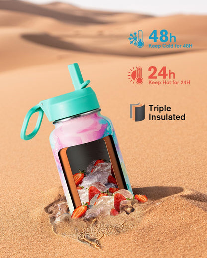 Half Gallon Water Bottle Insulated with Straw & 3 Lids, Coolflask 64 oz Water Jug Large Metal Stainless Steel Wide Mouth for Sports, Gym or Office, Non-BPA Keep Cold 48H Hot 24H, Samurai Cyan
