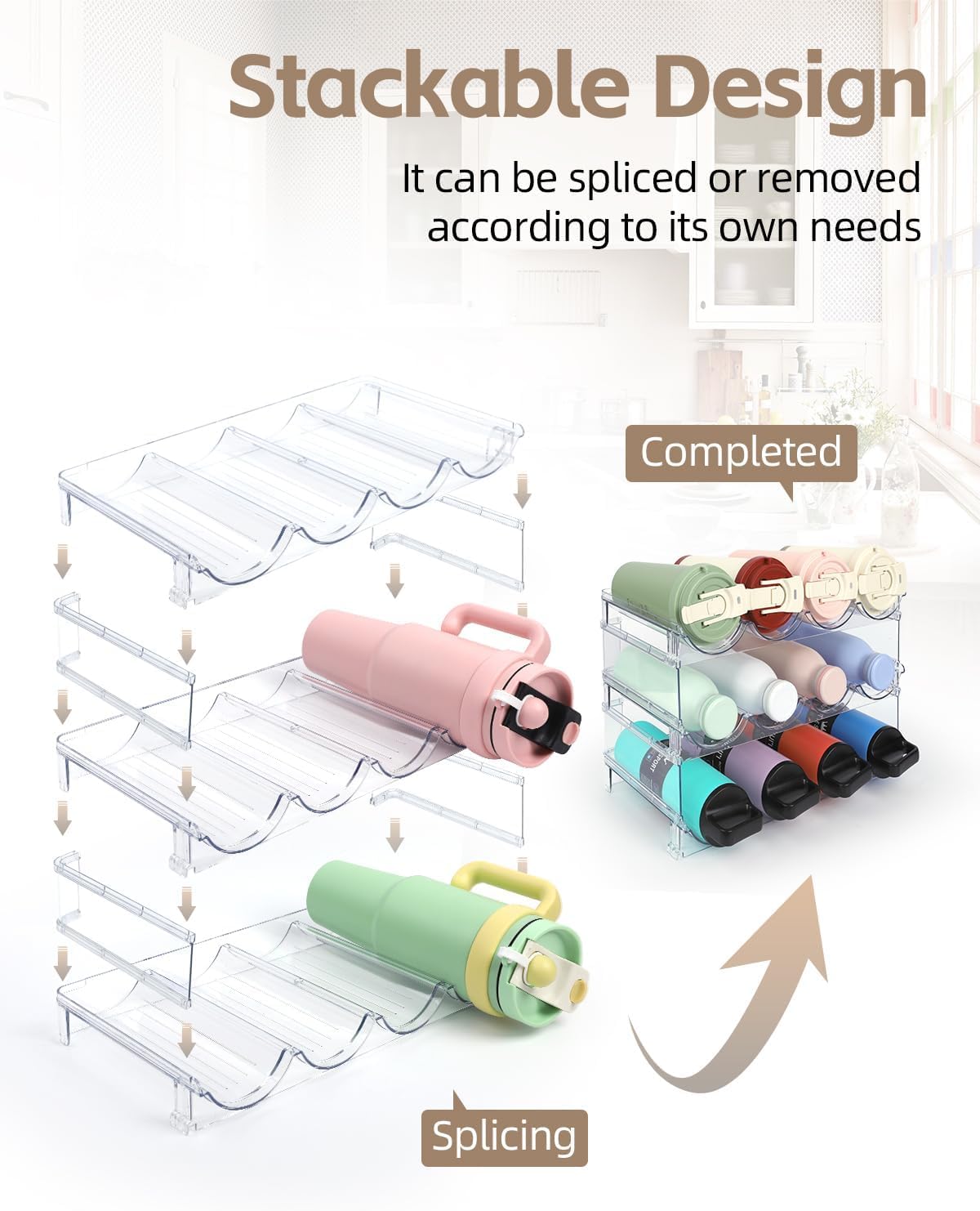 Stackable Water Bottle Organizer, 4-Tier Clear Large Compartment Holder with Stable One-Piece Side-Panel Design, Prevents Tipping & Rolling for Cabinet & Kitchen Storage, Holds 16 Bottles