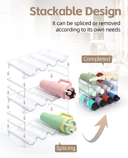 Stackable Water Bottle Organizer, 4-Tier Clear Large Compartment Holder with Stable One-Piece Side-Panel Design, Prevents Tipping & Rolling for Cabinet & Kitchen Storage, Holds 16 Bottles