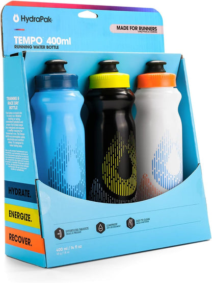 HydraPak Tempo Bottle 3-Pack - Handheld Running Water Bottle (400ml) - Made For Runners, Marathon Training & Race Day, Perfect For Hydration, Electrolyte and Nutrition Mixes