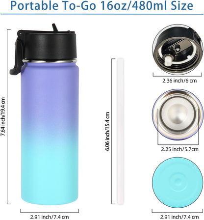 Volhoply 16 OZ Kids Water Bottle Bulk 8 Pack,Insulated Sports Bottles with Straw Lid,Stainless Steel Bottle with Handle Keep Cold & Hot,Double Wall Vacuum Tumbler Cups for School(Eight Color, 8)