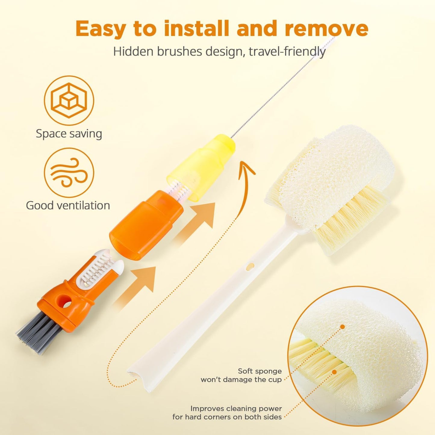 OUTXE 5 Pack Bottle Brush Set, 5-in-1 Water Bottle Cleaner Brush, 15"" Long Handle Bottle Cleaning Brush, 3 Straw Brush, Removable Nipple Brush, Detail Brush for Cup Lid Gap, WBBSBLB5
