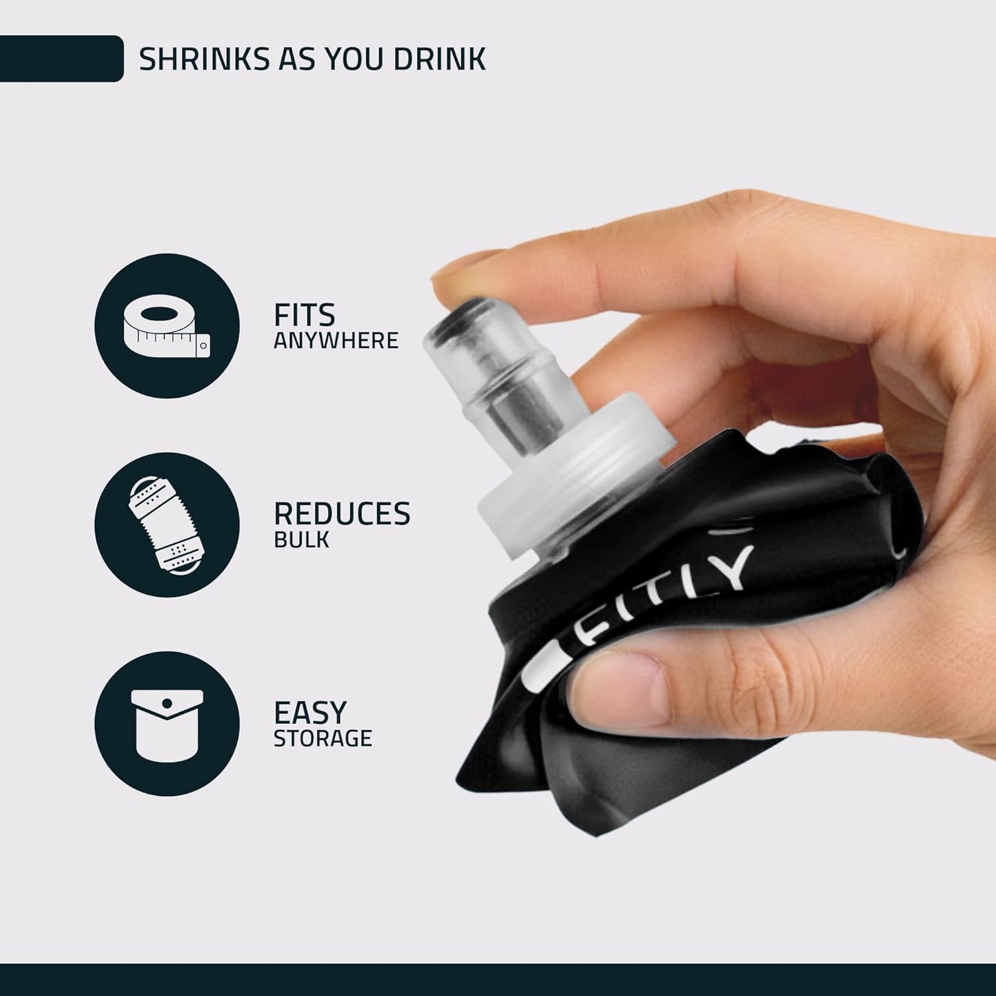 FITLY Soft Flask - Shrink As You Drink Soft Water Bottle for Hydration Pack - Folding Water Bottle Ideal for Running, Hiking, Cycling, Climbing & Rigorous Activity