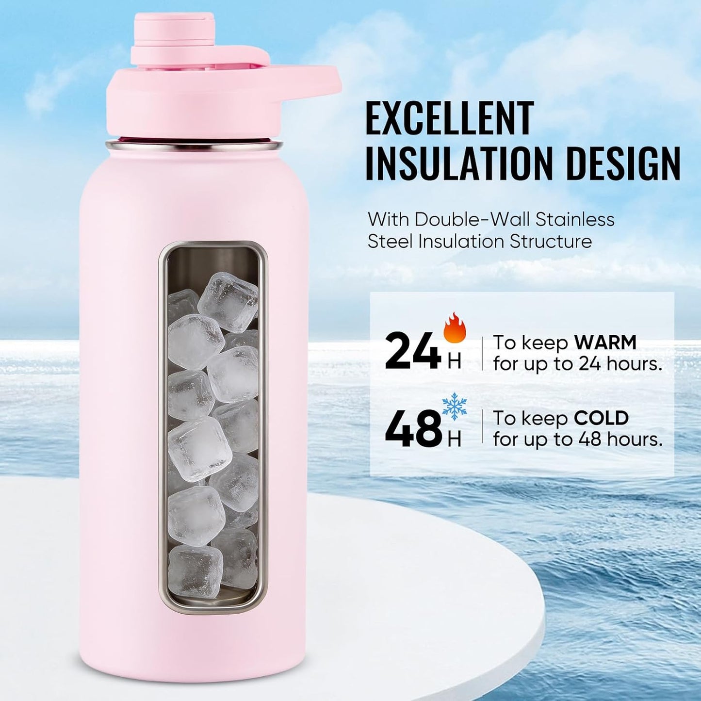 Fijinhom 24 oz Insulated Water Bottle with Handle, 304 Stainless Steel Water Bottles with Wide Mouth, Double Wall Vacuum Sports Water Bottle, BPA Free, Keep Cold and Hot, Black | with Handle