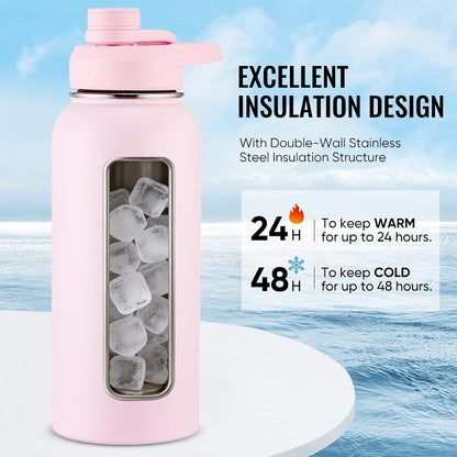 Fijinhom 24 oz Insulated Water Bottle with Handle, 304 Stainless Steel Water Bottles with Wide Mouth, Double Wall Vacuum Sports Water Bottle, BPA Free, Keep Cold and Hot, Black | with Handle