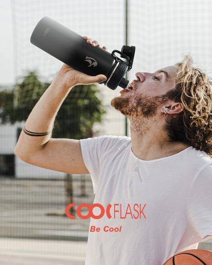Half Gallon Water Bottle Insulated with Straw & 3 Lids, Coolflask 64 oz Water Jug Large Metal Stainless Steel Wide Mouth for Sports, Gym or Office, Non-BPA Keep Cold 48H Hot 24H, Samurai Cyan