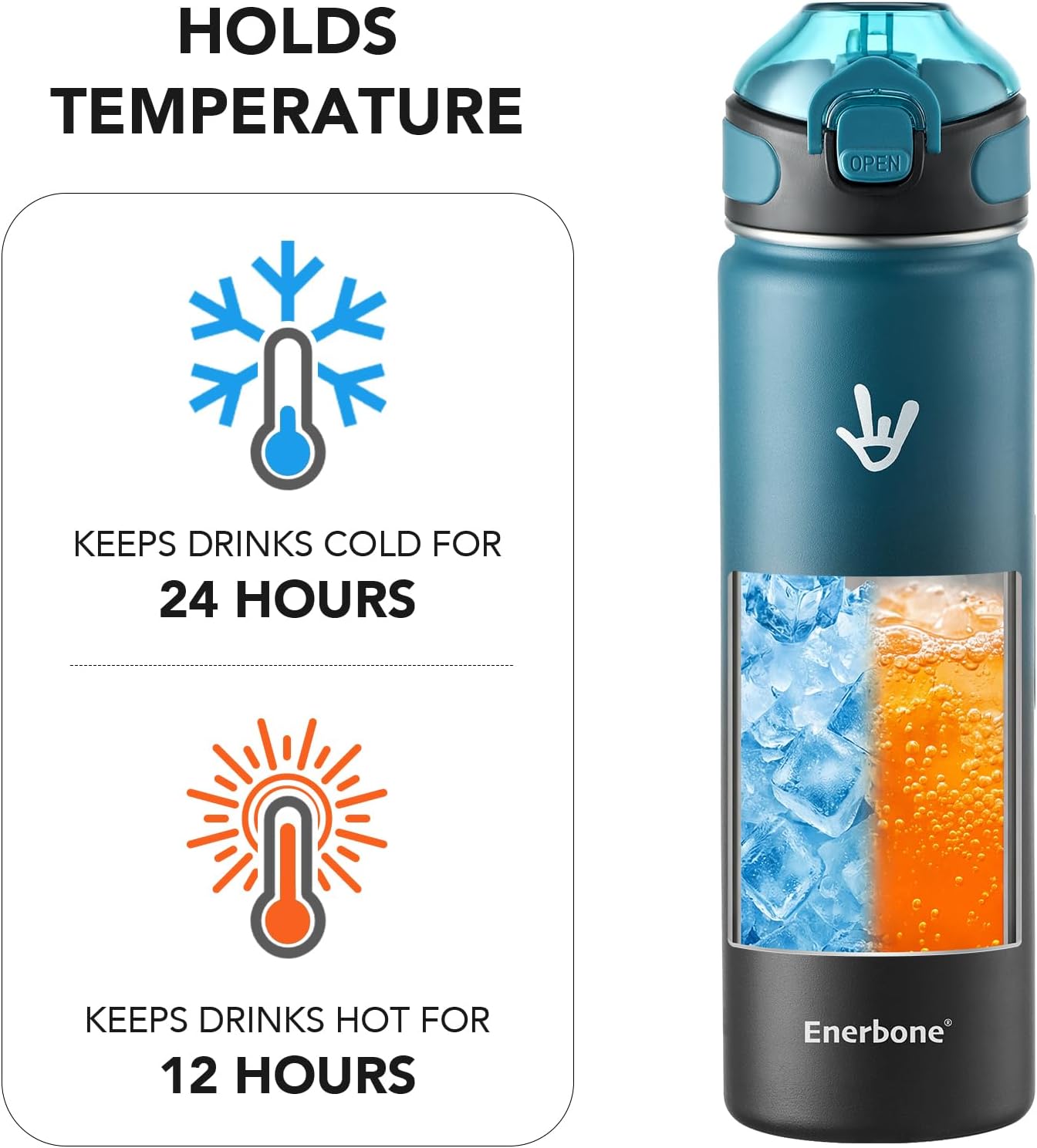 Enerbone 24 oz Insulated Water Bottle, Stainless Steel Bottle with Carrying Strap, Double-Wall Vacuum Insulation Design, Leakproof Sports Bottle with Straw, Keep Drinks Cold or Hot for Hours