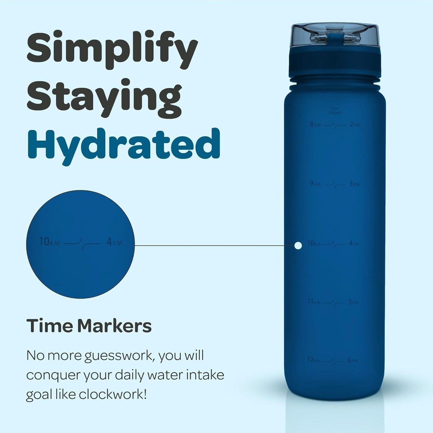 Hydracy Water Bottle with Time Marker -Large BPA Free Water Bottle & No Sweat Sleeve -Leak Proof Gym Bottle with Times to Drink - Ideal for Fitness Sports & Outdoors