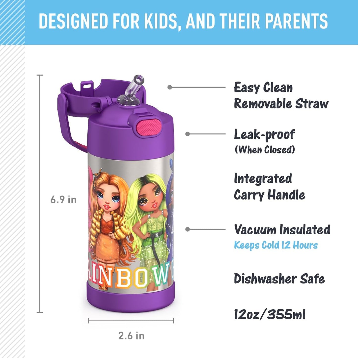 THERMOS FUNTAINER Water Bottle with Straw - 12 Ounce - Kids Stainless Steel Vacuum Insulated Water Bottle with Lid, Bluey - Colors A