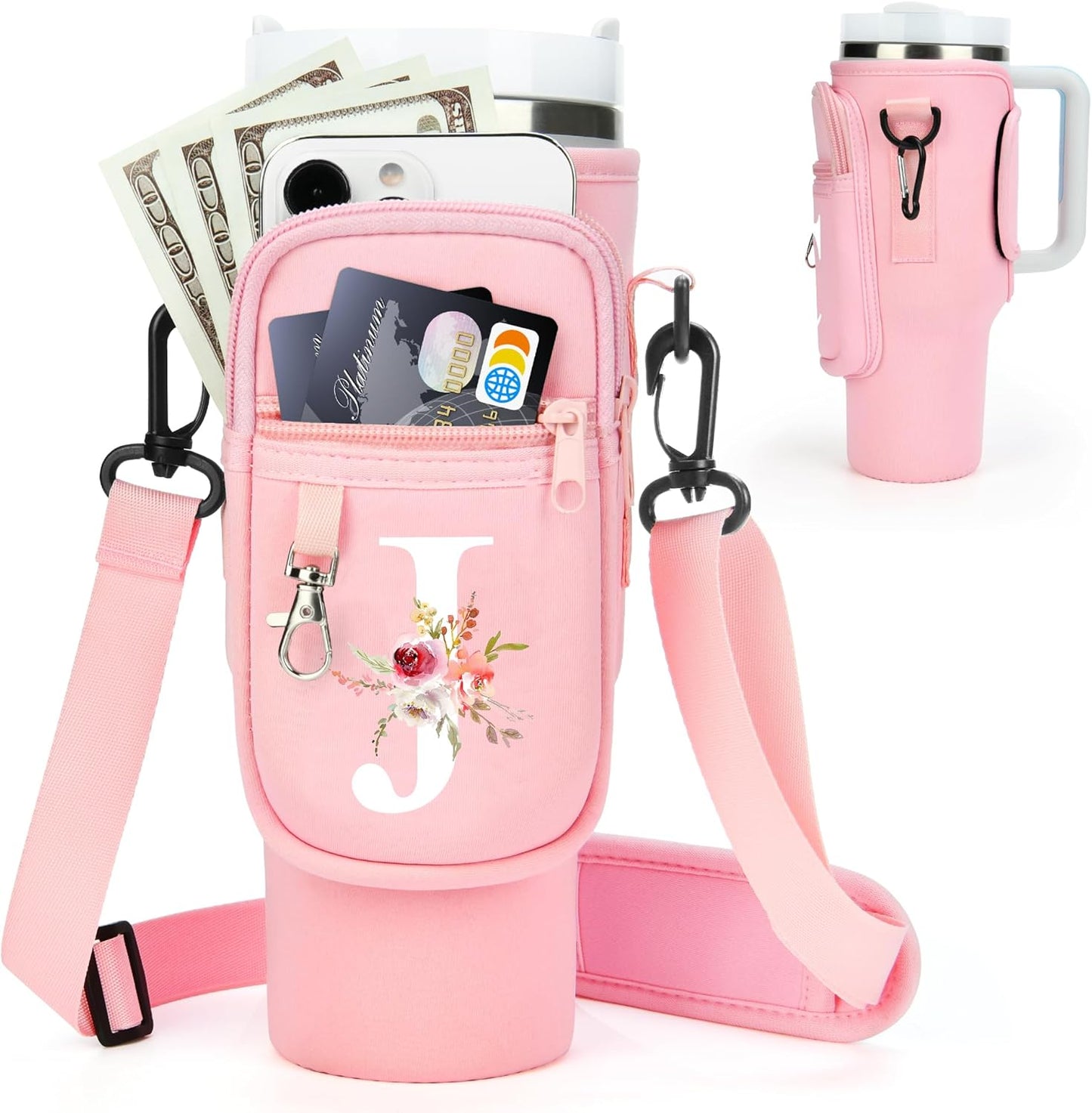 Initial Water Bottle Holder with Strap for Stanley Cup Accessories 40 oz/Simple Modern Tumbler, Birthdays for Women Girls, Water Bottle Carrier Bag with Phone Pocket,Hiking Walking Gym Camping