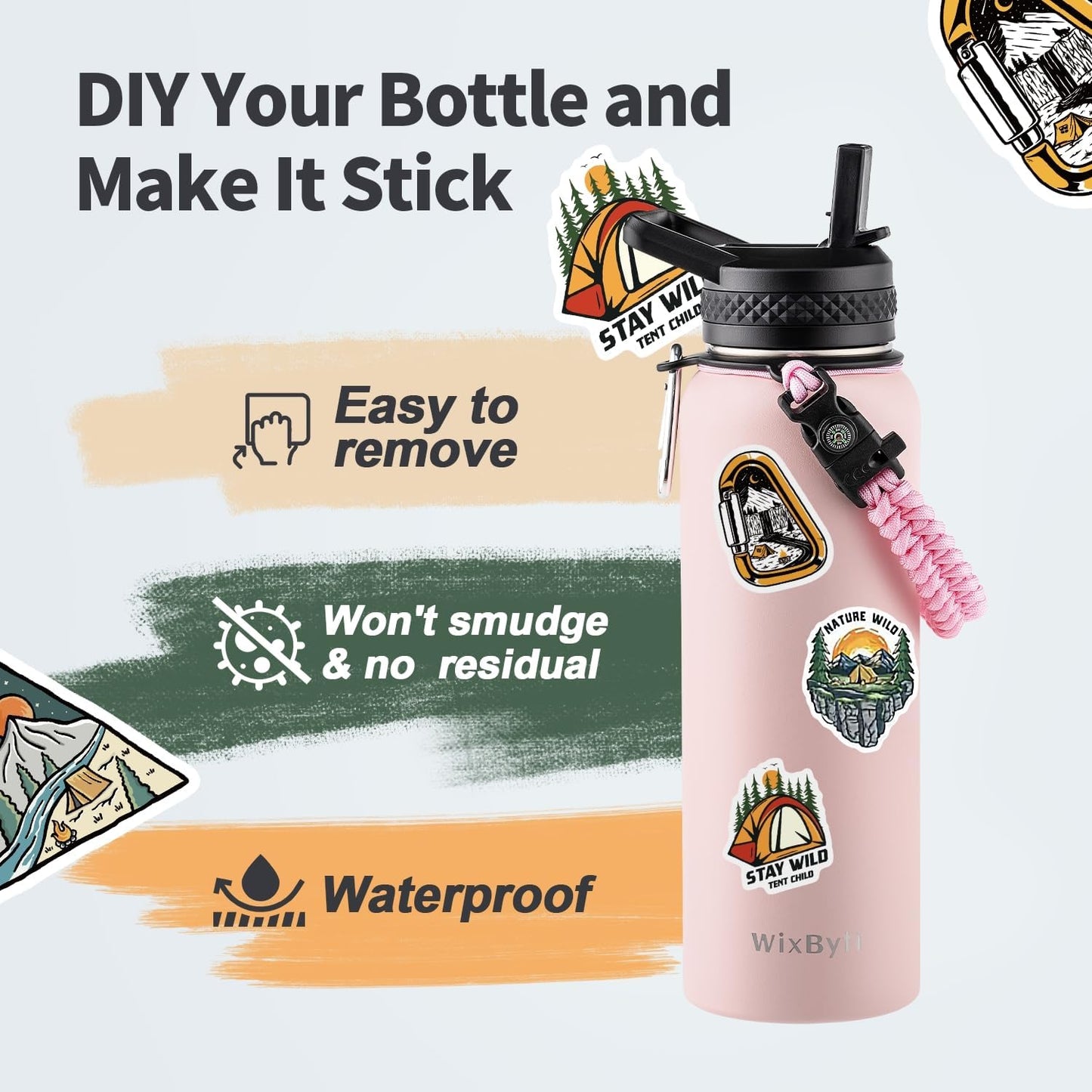 WixByti 40 oz Insulated Water Bottle with Straw (Cold for 36 Hrs), Stainless Steel Triple Wall Vacuum Sports Water Jug, Leakproof Hydro Cup Flask with Paracord Handle & Straw Spout Lids & DIY Stickers