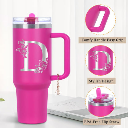 Personalized 40 oz Monogrammed Tumbler with Handle and Flip Straw Lid, 100% Leak Proof stainless steel Insulated Tumbler, Customized Initial Funny Gifts for Women Mom Sisters Coworker, A