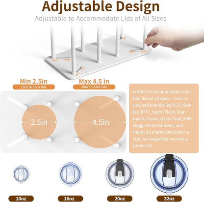 Adjustable Tumbler Lid Organizer - Holds up to 16 Lids, Disposable Cup and Lid Holder, Baby Bottle Drying Racks, Mason Jar Lids Holder,Clutter-Free Kitchen Cabinets,ABS Plastic