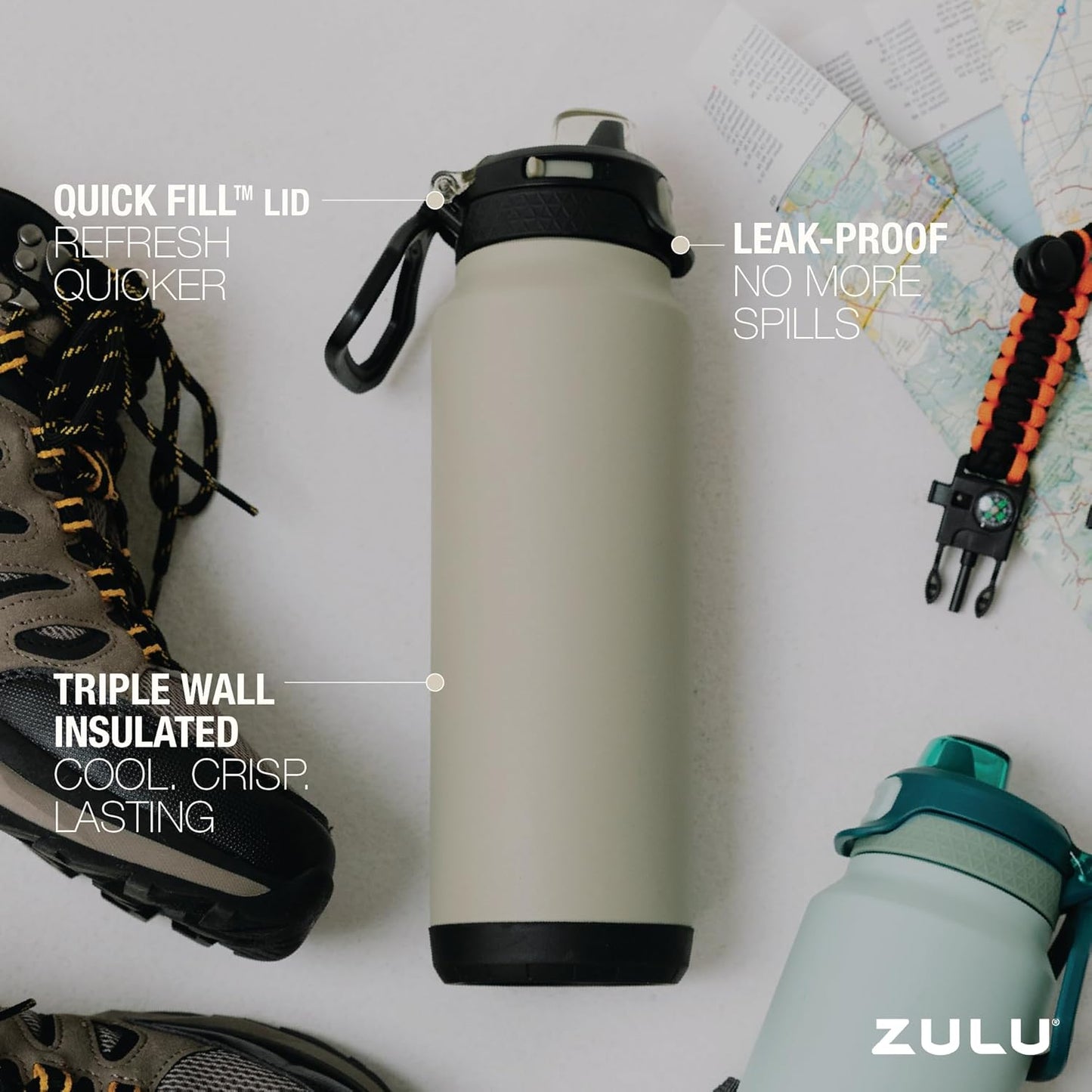 ZULU Powerfill Pro 32oz Stainless Steel Water Bottle with Quick Fill Lid, Triple Walled Vacuum Insulated Metal, Leak Proof Locking Lid, Sip and Chug, Reusable BPA Free, High Tide